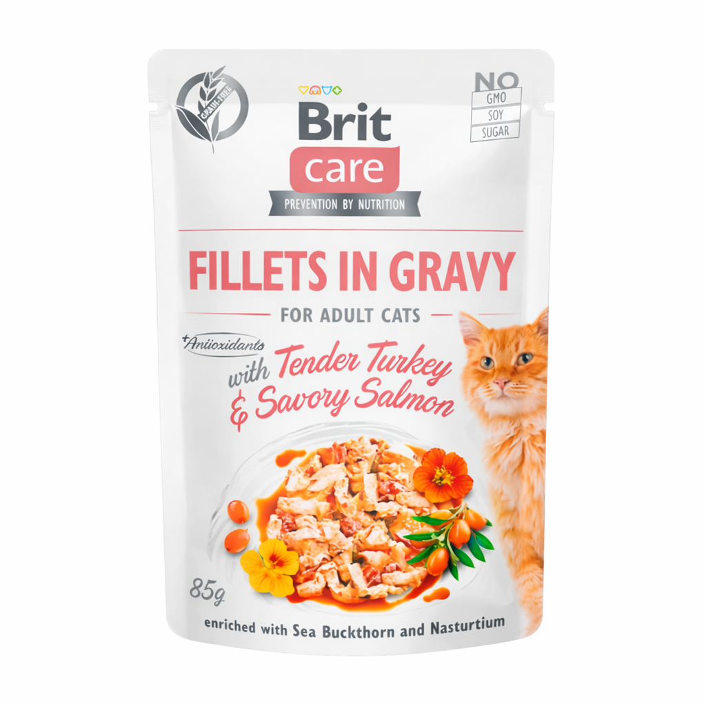 BRIT CARE CAT FILLETS IN GRAVY WITH TENDER TURKEY & SAVORY SALMON 85 G