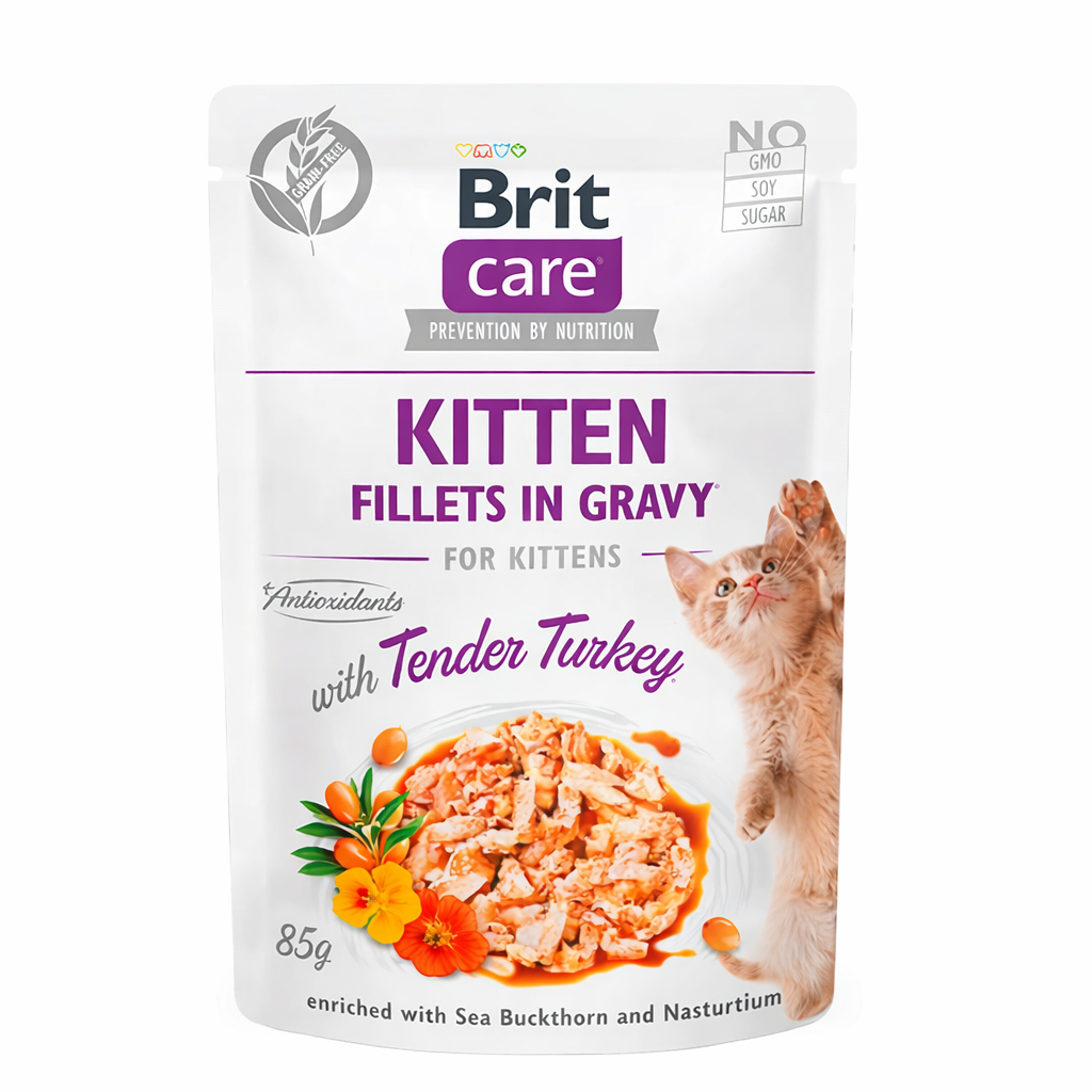 BRIT CARE CAT KITTEN FILLETS IN GRAVY WITH TENDER TURKEY 85 G